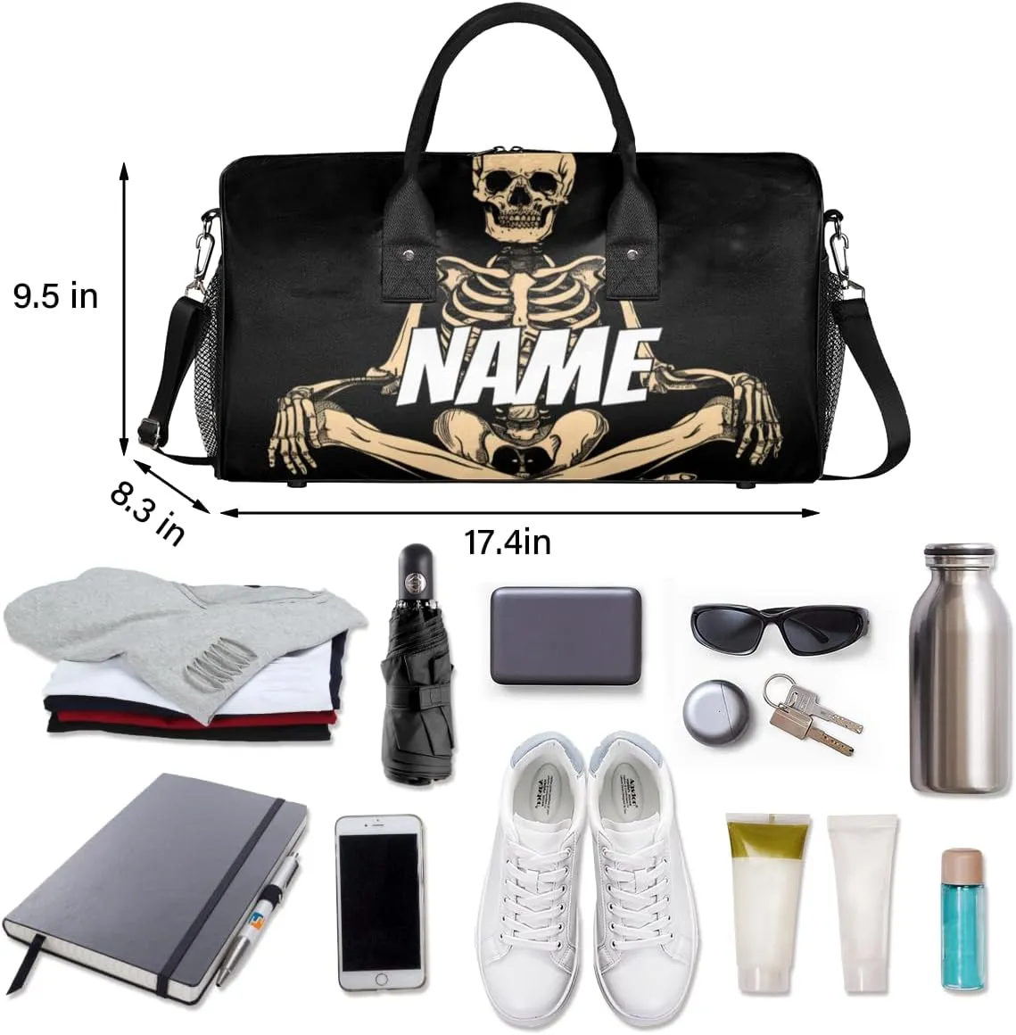 Personalized Gothic Skeleton Travel Duffel Bag with Name, Custom Gym Sport Bag Funny Skull Carry On Weekend Overnight Duffel Bag for Men Women