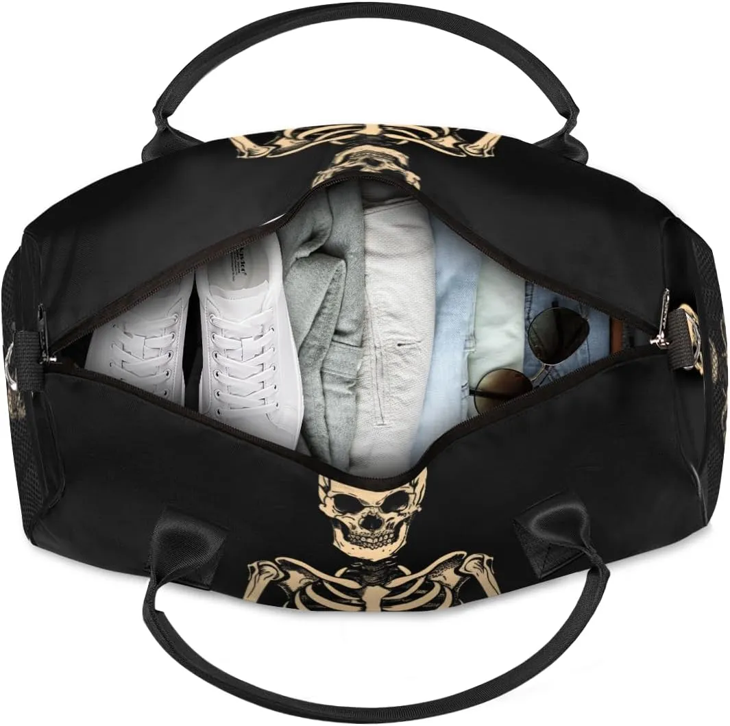 Personalized Gothic Skeleton Travel Duffel Bag with Name, Custom Gym Sport Bag Funny Skull Carry On Weekend Overnight Duffel Bag for Men Women