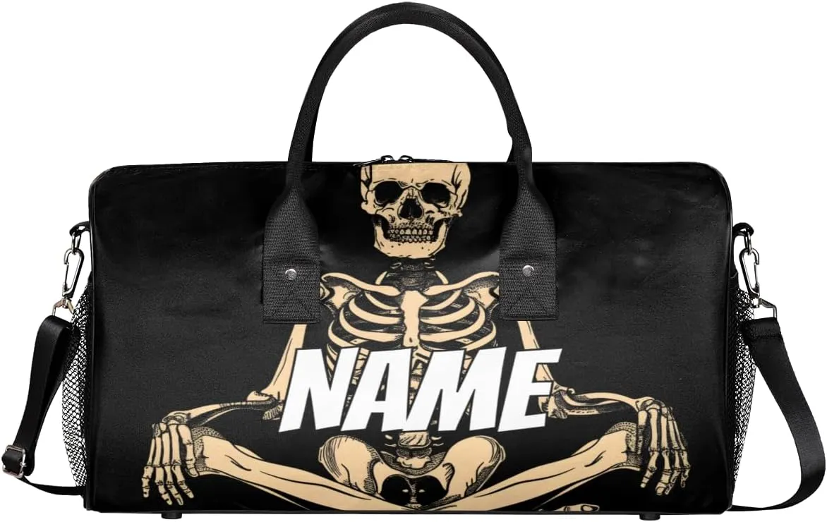 Personalized Gothic Skeleton Travel Duffel Bag with Name, Custom Gym Sport Bag Funny Skull Carry On Weekend Overnight Duffel Bag for Men Women