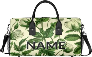 Personalized Green Leaves Travel Duffel Bag with Name, Custom Gym Sport Bag Aesthetic Plant Carry On Weekend Overnight Duffel Bag for Men Women