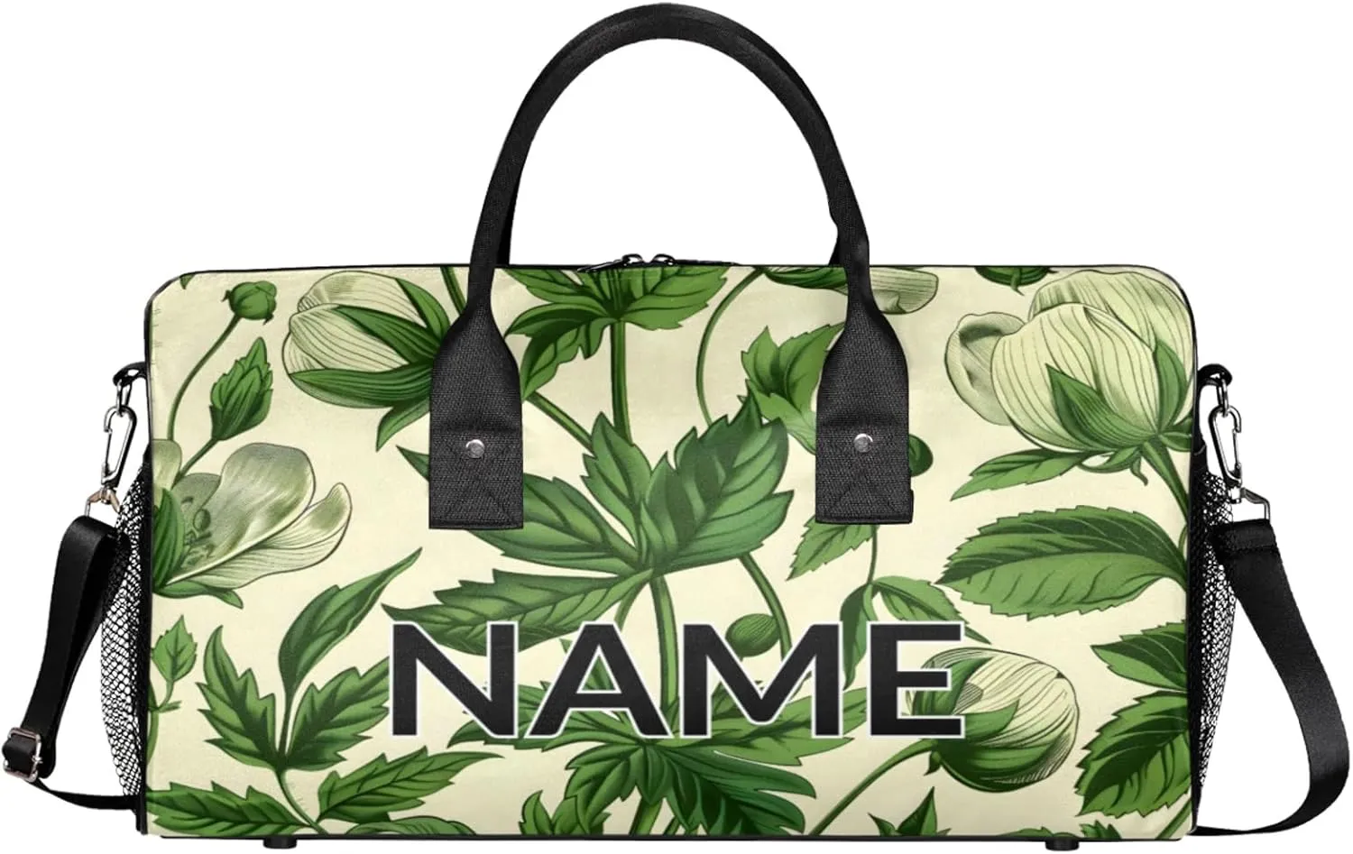 Personalized Green Leaves Travel Duffel Bag with Name, Custom Gym Sport Bag Aesthetic Plant Carry On Weekend Overnight Duffel Bag for Men Women