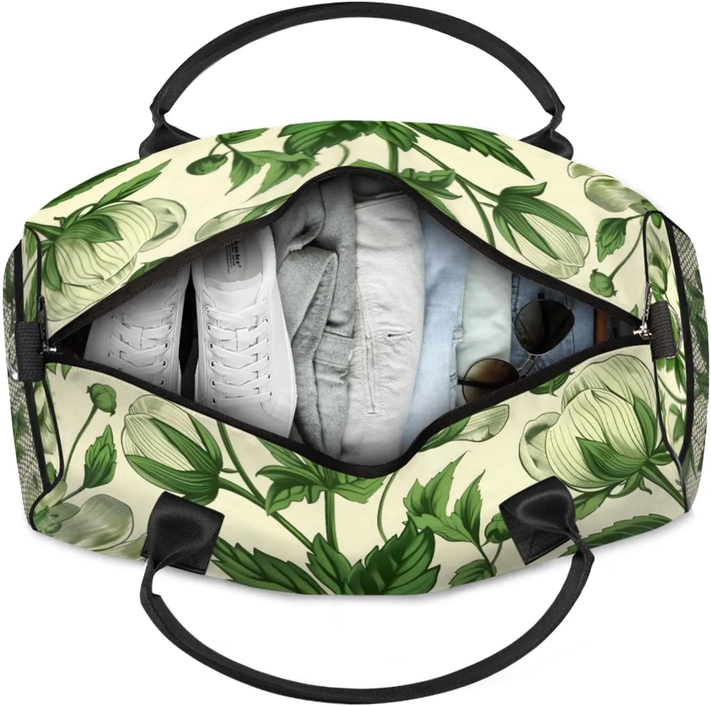 Personalized Green Leaves Travel Duffel Bag with Name, Custom Gym Sport Bag Aesthetic Plant Carry On Weekend Overnight Duffel Bag for Men Women