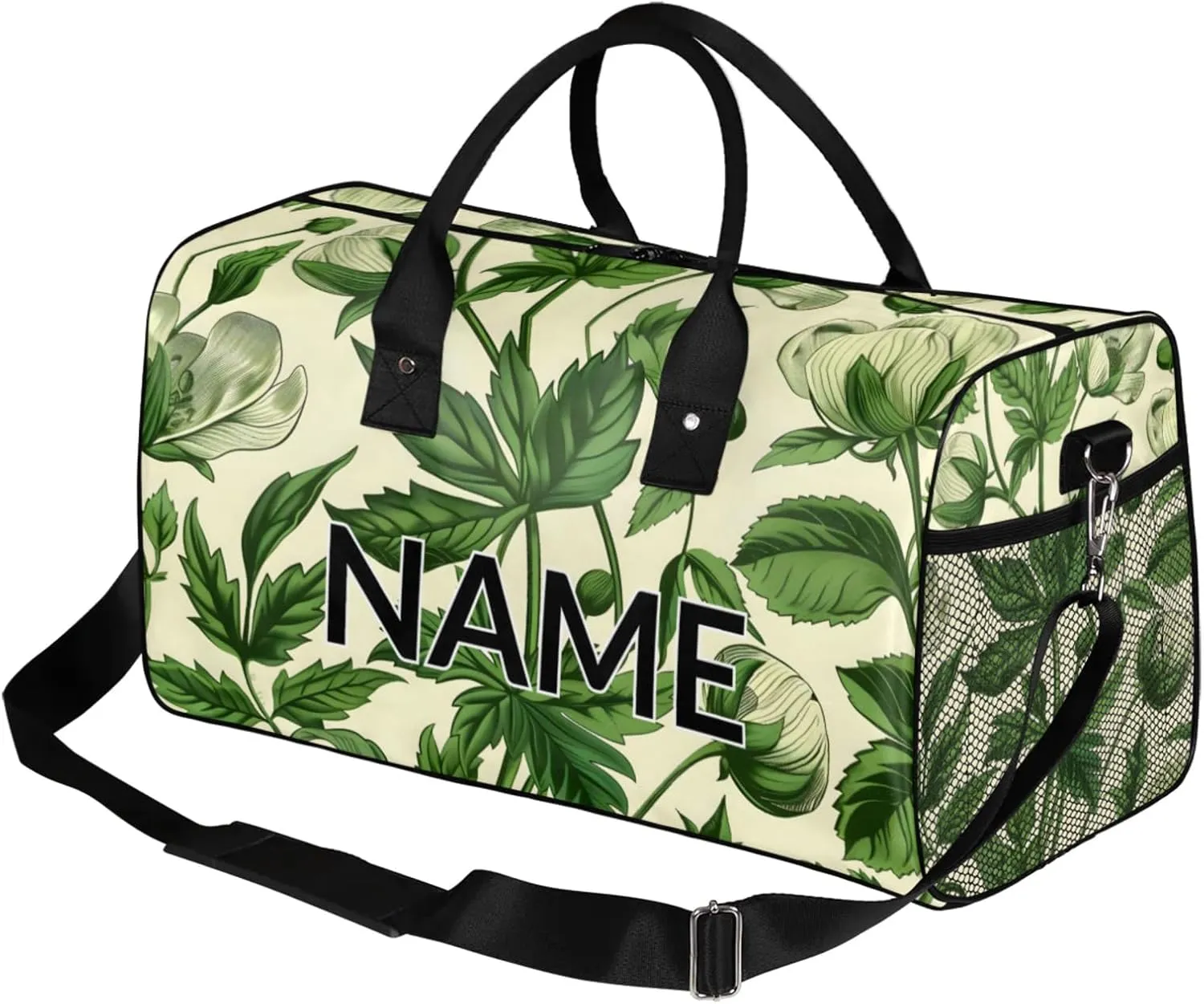 Personalized Green Leaves Travel Duffel Bag with Name, Custom Gym Sport Bag Aesthetic Plant Carry On Weekend Overnight Duffel Bag for Men Women