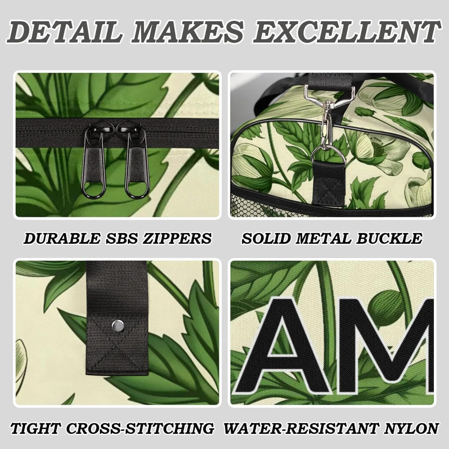 Personalized Green Leaves Travel Duffel Bag with Name, Custom Gym Sport Bag Aesthetic Plant Carry On Weekend Overnight Duffel Bag for Men Women