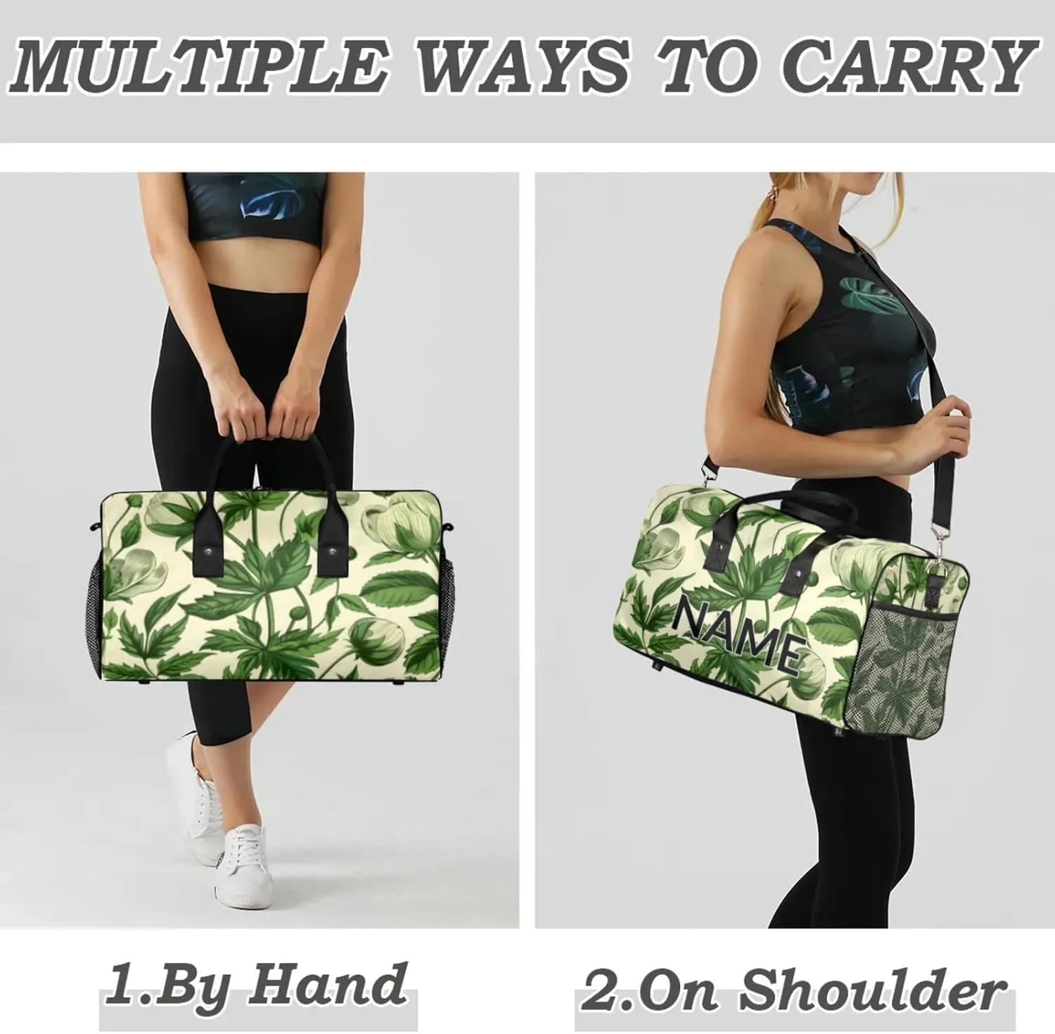 Personalized Green Leaves Travel Duffel Bag with Name, Custom Gym Sport Bag Aesthetic Plant Carry On Weekend Overnight Duffel Bag for Men Women