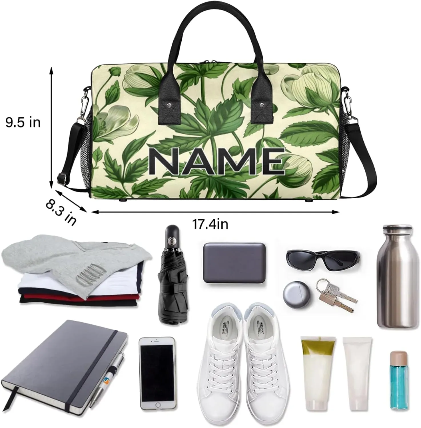 Personalized Green Leaves Travel Duffel Bag with Name, Custom Gym Sport Bag Aesthetic Plant Carry On Weekend Overnight Duffel Bag for Men Women