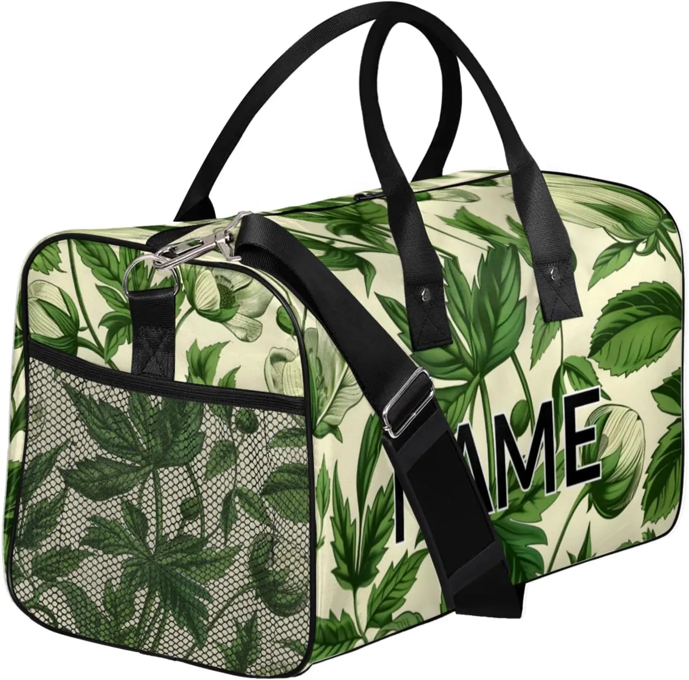 Personalized Green Leaves Travel Duffel Bag with Name, Custom Gym Sport Bag Aesthetic Plant Carry On Weekend Overnight Duffel Bag for Men Women