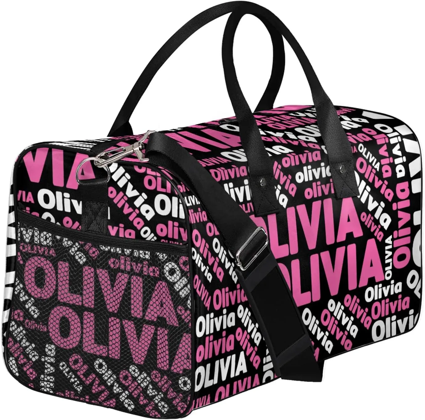 Personalized Gym Sport Duffel Bag with Name Custom Travel Overnight Bag Waterproof Customized Dance Bag Carry-On Tote 17.4in, Black Pink
