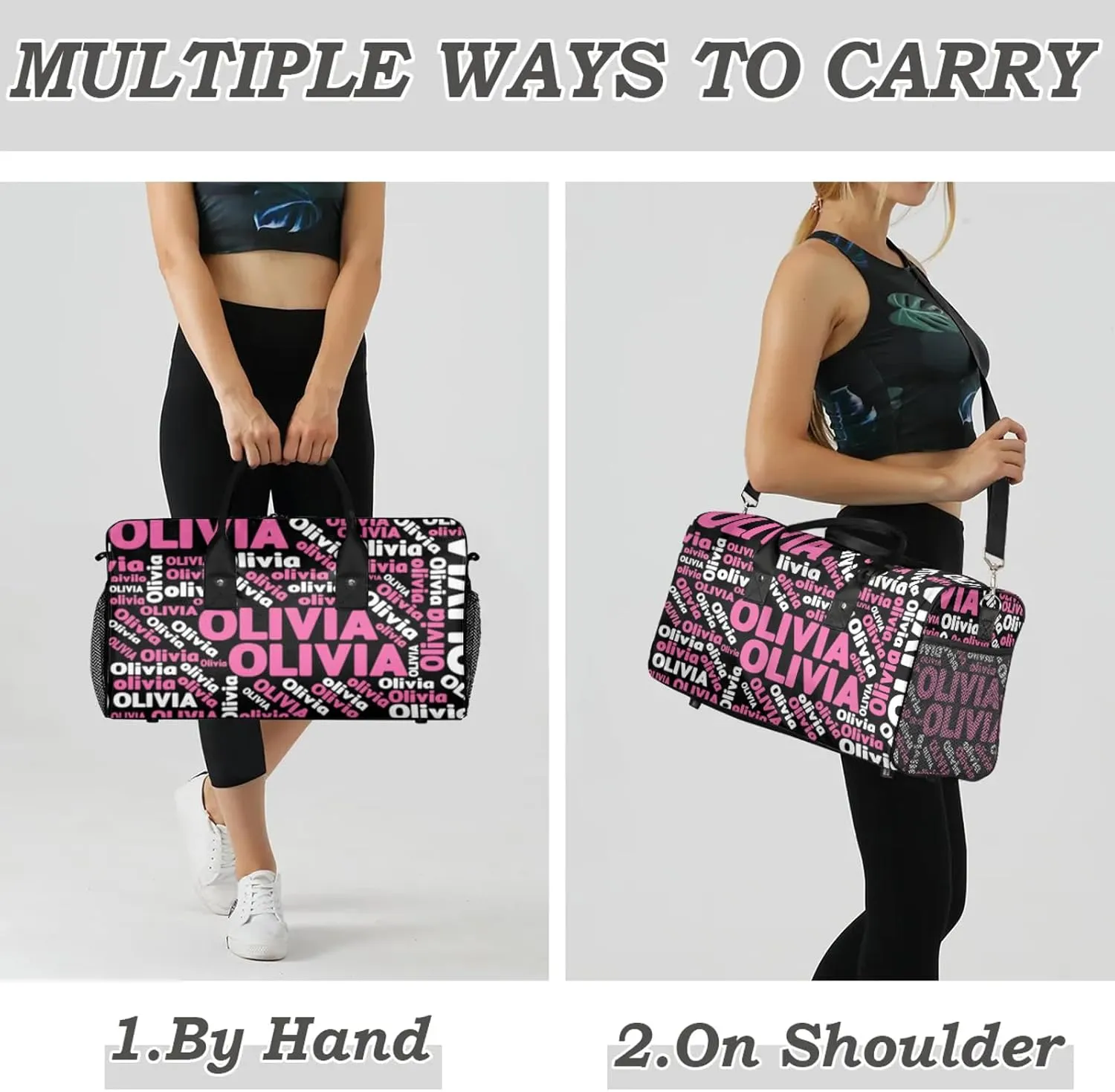 Personalized Gym Sport Duffel Bag with Name Custom Travel Overnight Bag Waterproof Customized Dance Bag Carry-On Tote 17.4in, Black Pink