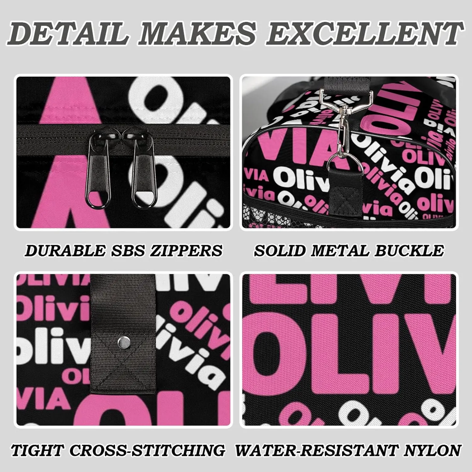 Personalized Gym Sport Duffel Bag with Name Custom Travel Overnight Bag Waterproof Customized Dance Bag Carry-On Tote 17.4in, Black Pink