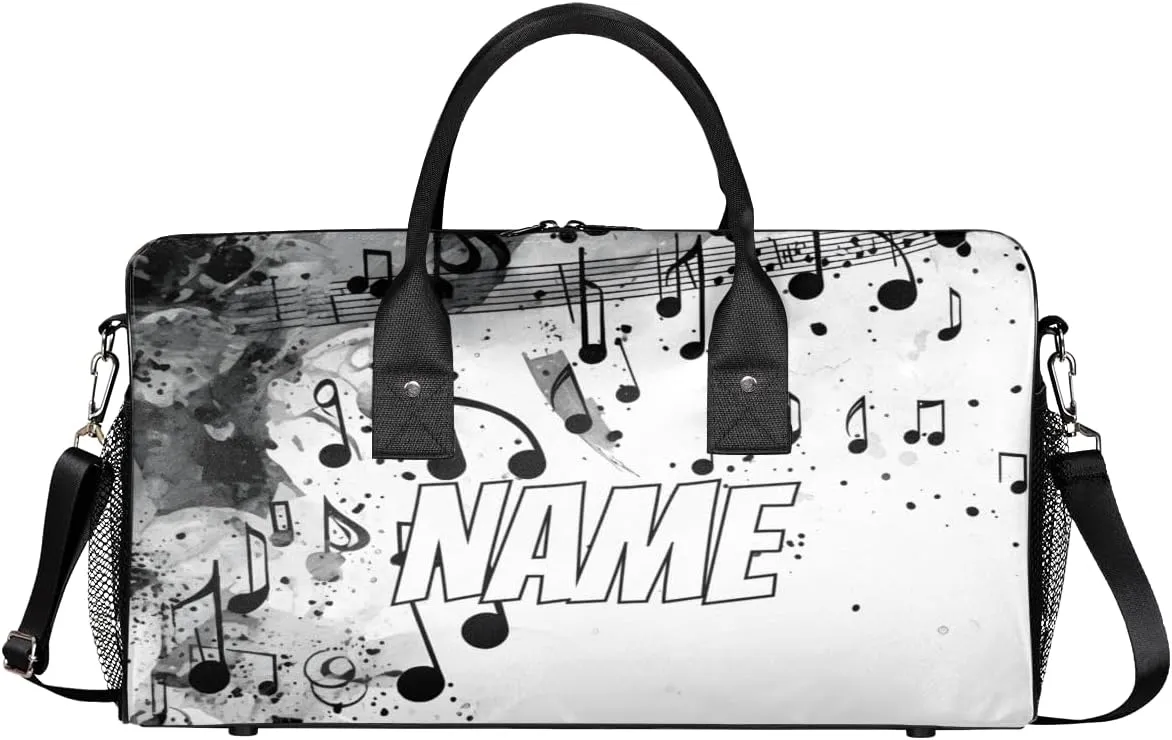 Personalized Musical Note Travel Duffel Bag with Name, Custom Gym Sport Bag Modern Print Carry On Weekend Overnight Duffel Bag for Men Women