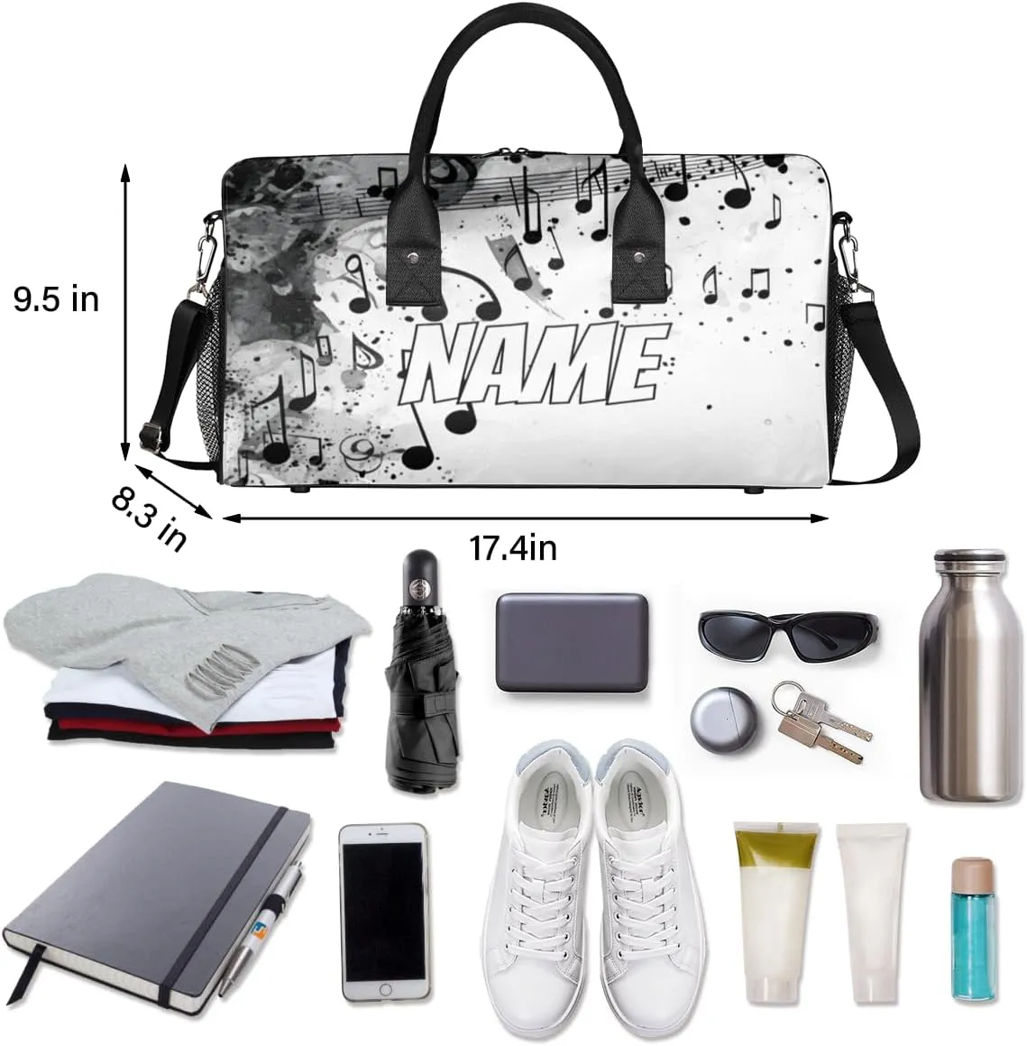Personalized Musical Note Travel Duffel Bag with Name, Custom Gym Sport Bag Modern Print Carry On Weekend Overnight Duffel Bag for Men Women