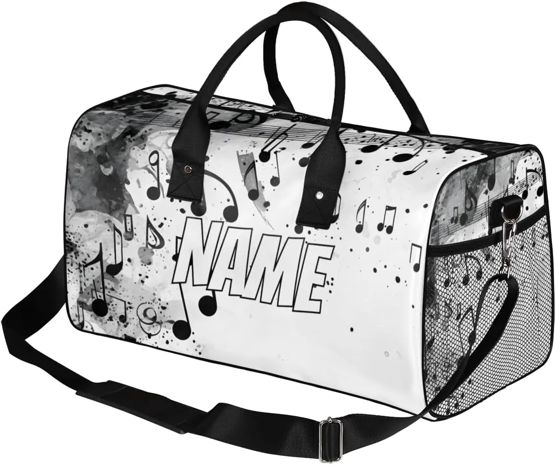 Personalized Musical Note Travel Duffel Bag with Name, Custom Gym Sport Bag Modern Print Carry On Weekend Overnight Duffel Bag for Men Women