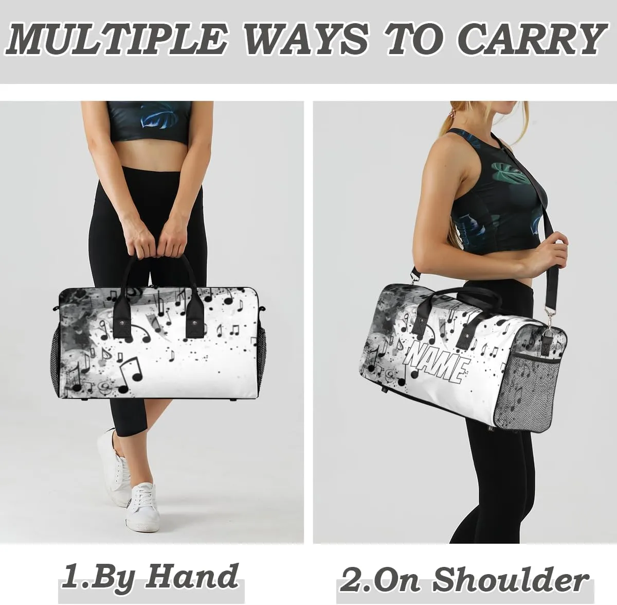 Personalized Musical Note Travel Duffel Bag with Name, Custom Gym Sport Bag Modern Print Carry On Weekend Overnight Duffel Bag for Men Women