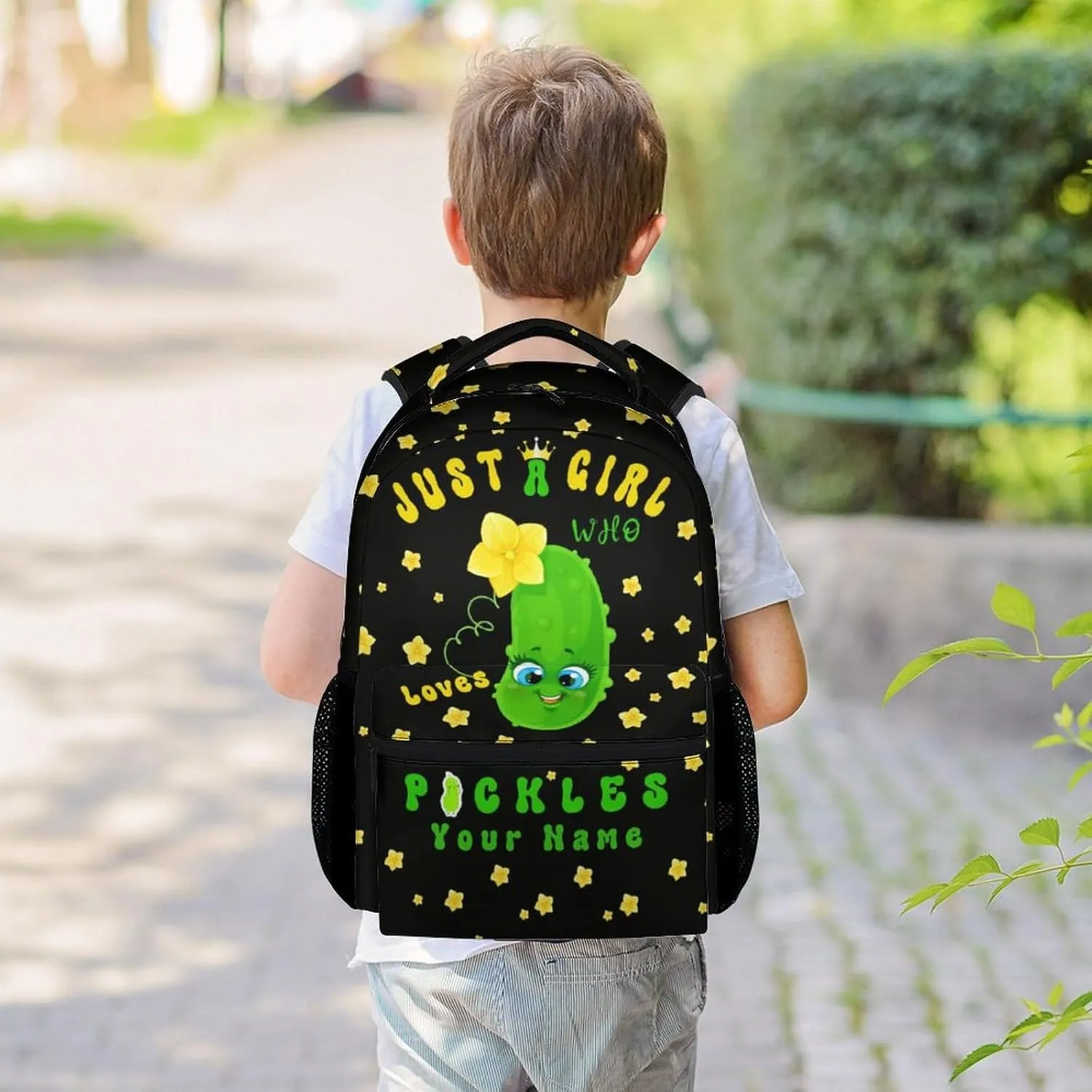Personalized Pickle School Backpack for Girls, 16 Inch Black Backpacks for Kids Age 10-12, Cute Lightweight Bookbag for Travel