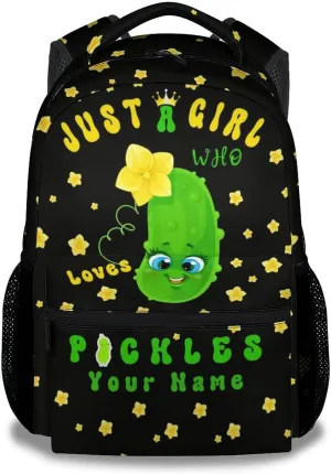 Personalized Pickle School Backpack for Girls, 16 Inch Black Backpacks for Kids Age 10-12, Cute Lightweight Bookbag for Travel