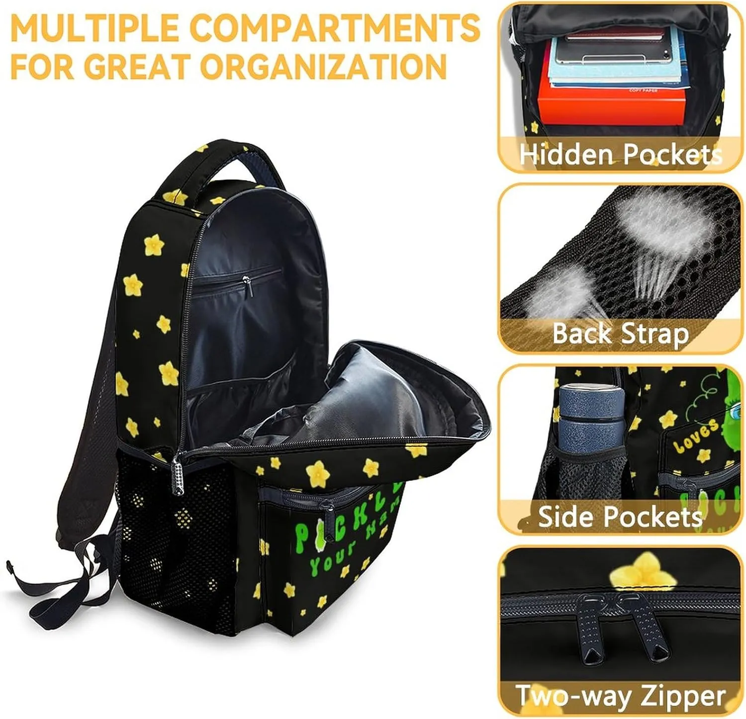 Personalized Pickle School Backpack for Girls, 16 Inch Black Backpacks for Kids Age 10-12, Cute Lightweight Bookbag for Travel