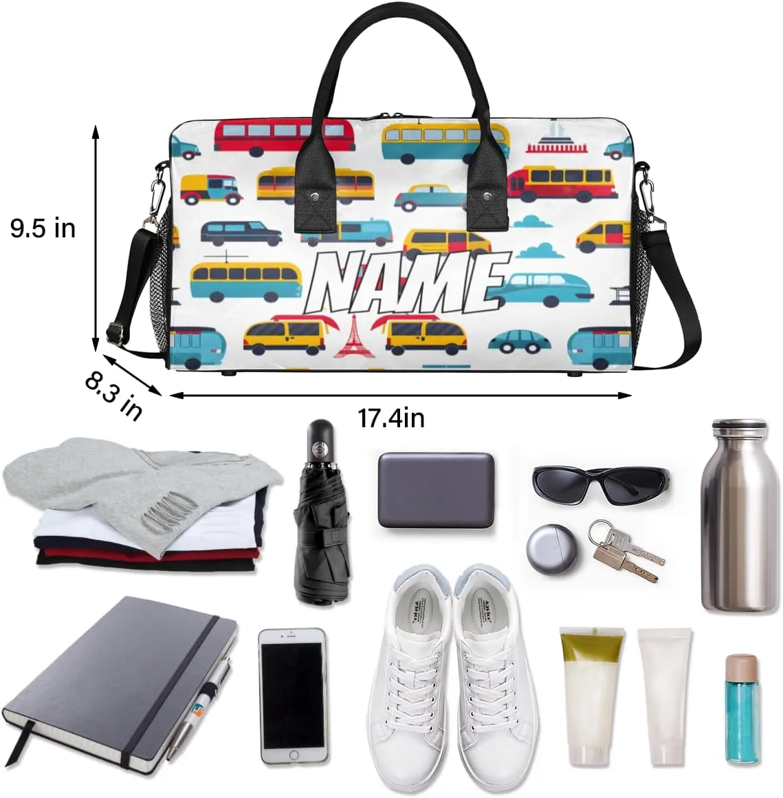 Personalized Transportation Car Travel Duffel Bag with Name, Custom Gym Sport Bag Cartoon Bus Taxi Carry On Weekend Overnight Duffel Bag for Men Women
