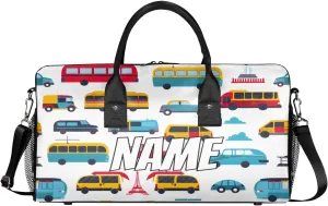 Personalized Transportation Car Travel Duffel Bag with Name, Custom Gym Sport Bag Cartoon Bus Taxi Carry On Weekend Overnight Duffel Bag for Men Women