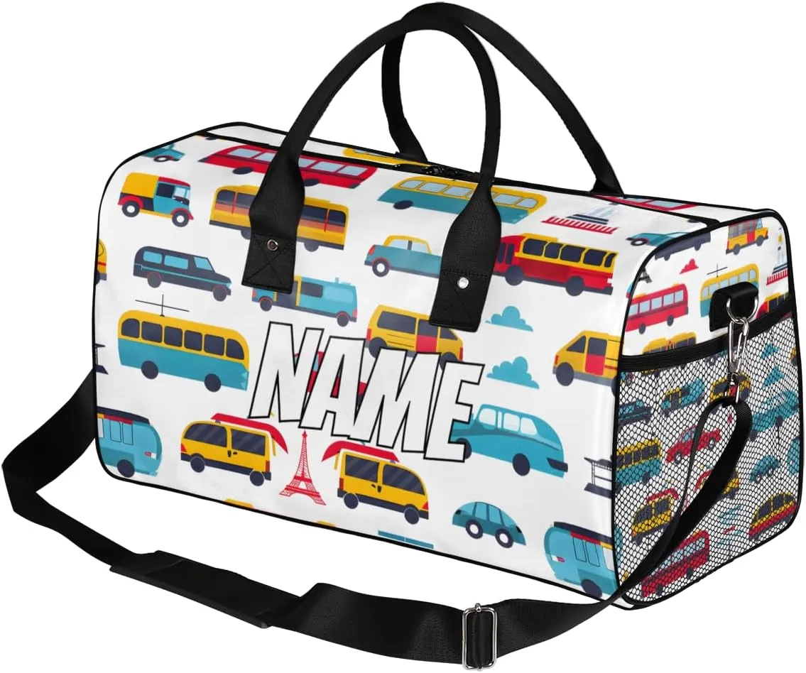 Personalized Transportation Car Travel Duffel Bag with Name, Custom Gym Sport Bag Cartoon Bus Taxi Carry On Weekend Overnight Duffel Bag for Men Women