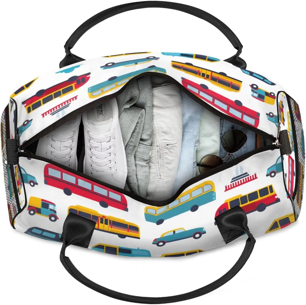 Personalized Transportation Car Travel Duffel Bag with Name, Custom Gym Sport Bag Cartoon Bus Taxi Carry On Weekend Overnight Duffel Bag for Men Women