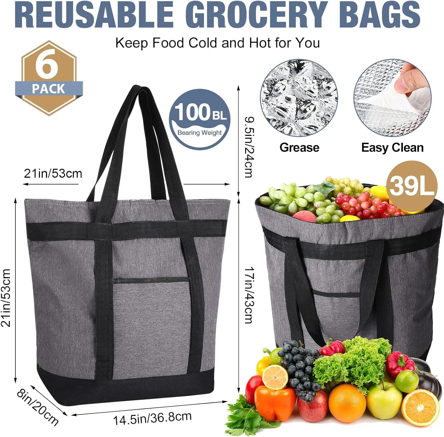 Pickmesh 6 Pcs Large Insulated Cooler Bags With Thermal Foam - Grocery Shopping Food Delivery Travel Beach Bags for Grocery, Travel, Beach (Gray Hemp)