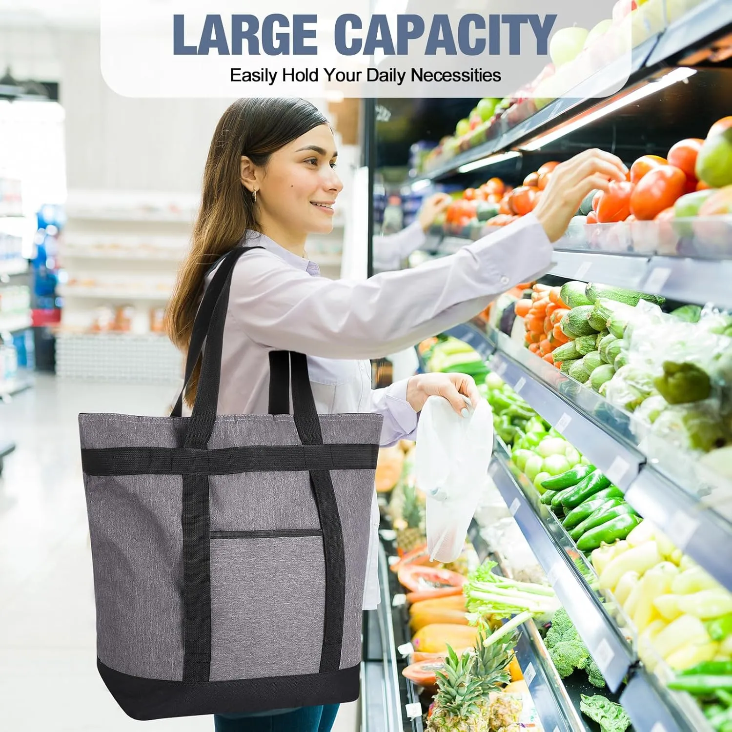 Pickmesh 6 Pcs Large Insulated Cooler Bags With Thermal Foam - Grocery Shopping Food Delivery Travel Beach Bags for Grocery, Travel, Beach (Gray Hemp)
