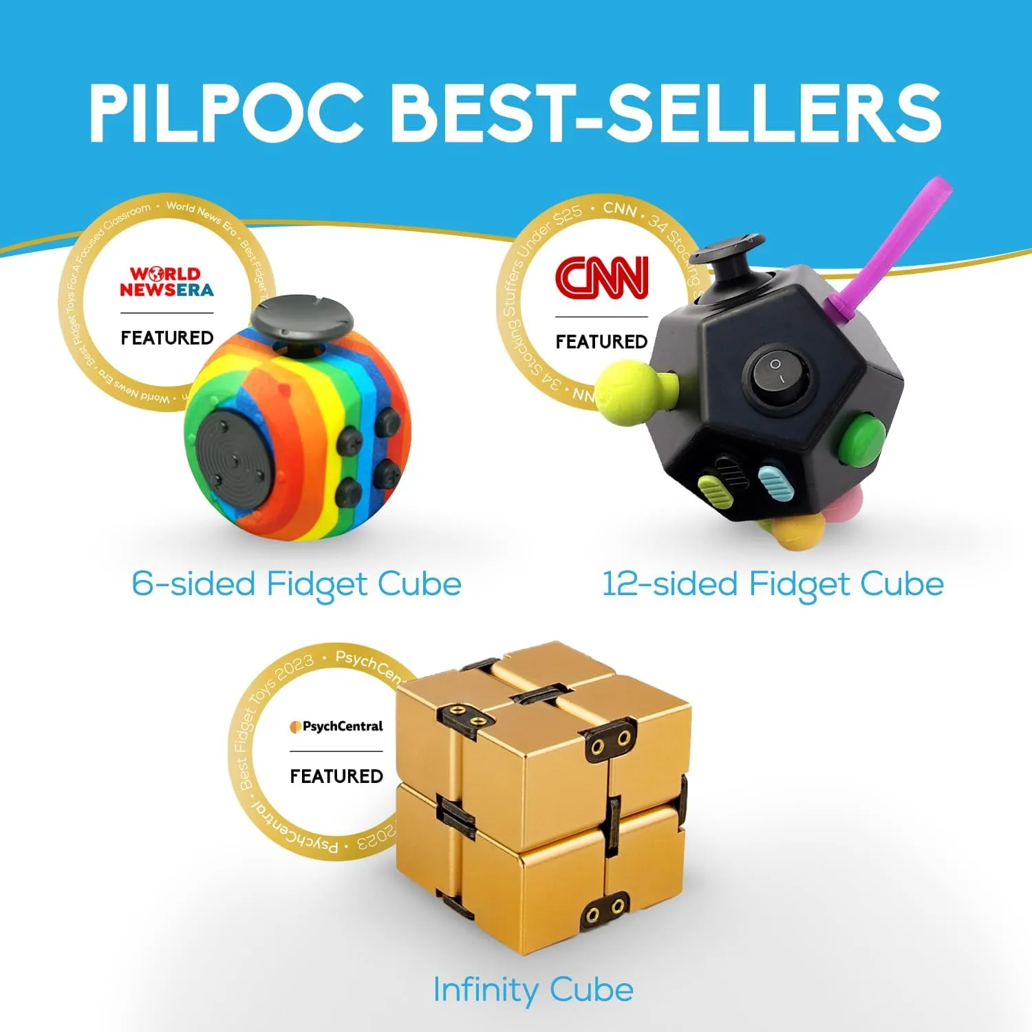 PILPOC theFube Fidget Cube with 12 Sides - Handy Anxiety Toys for Kids and Adults - Fidget Dice for Stress Relief & Focus - Anti Stress Cube for ADHD, ADD, with Carry Case (Black & Mix)