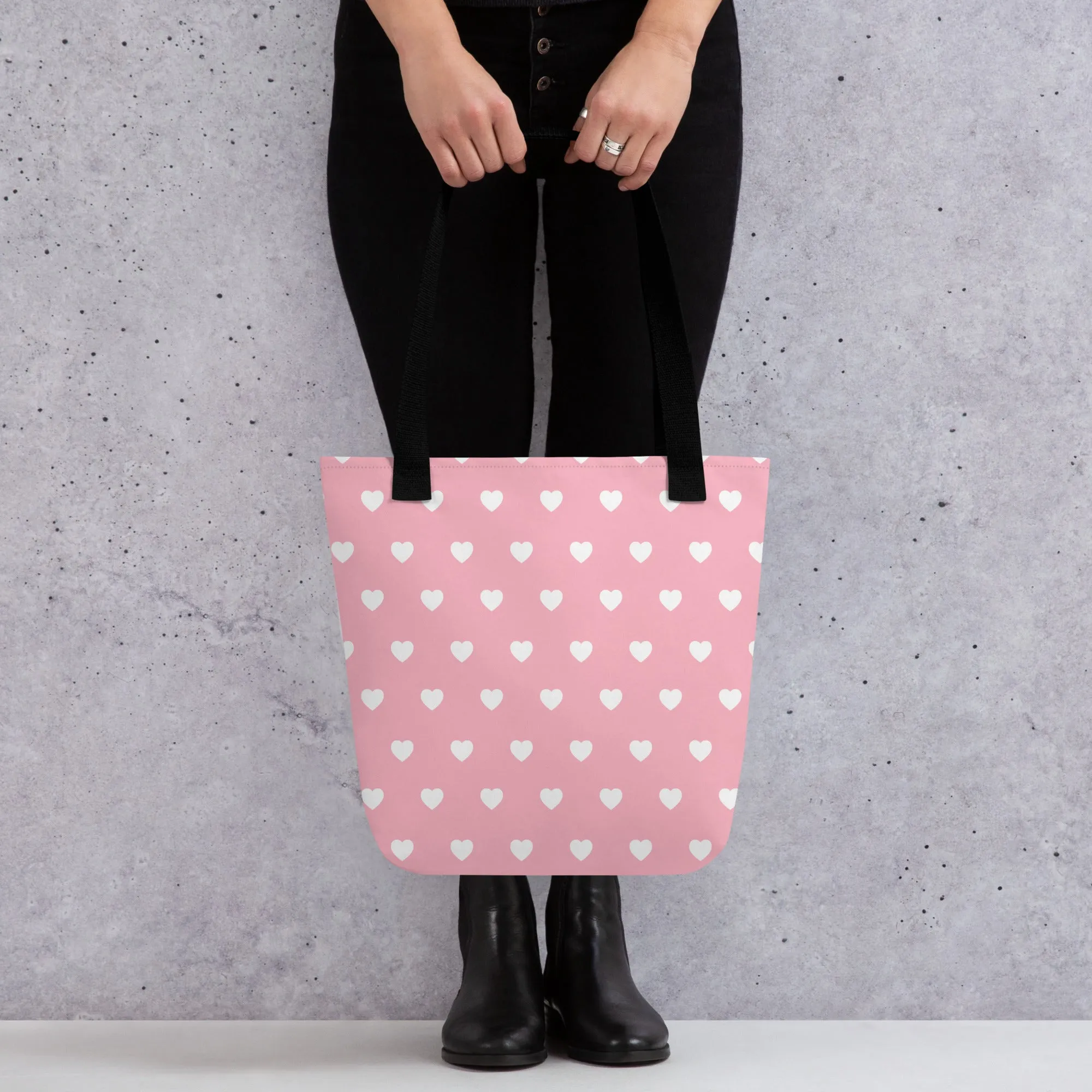 Pink & White Heart All Over Print Tote Bag