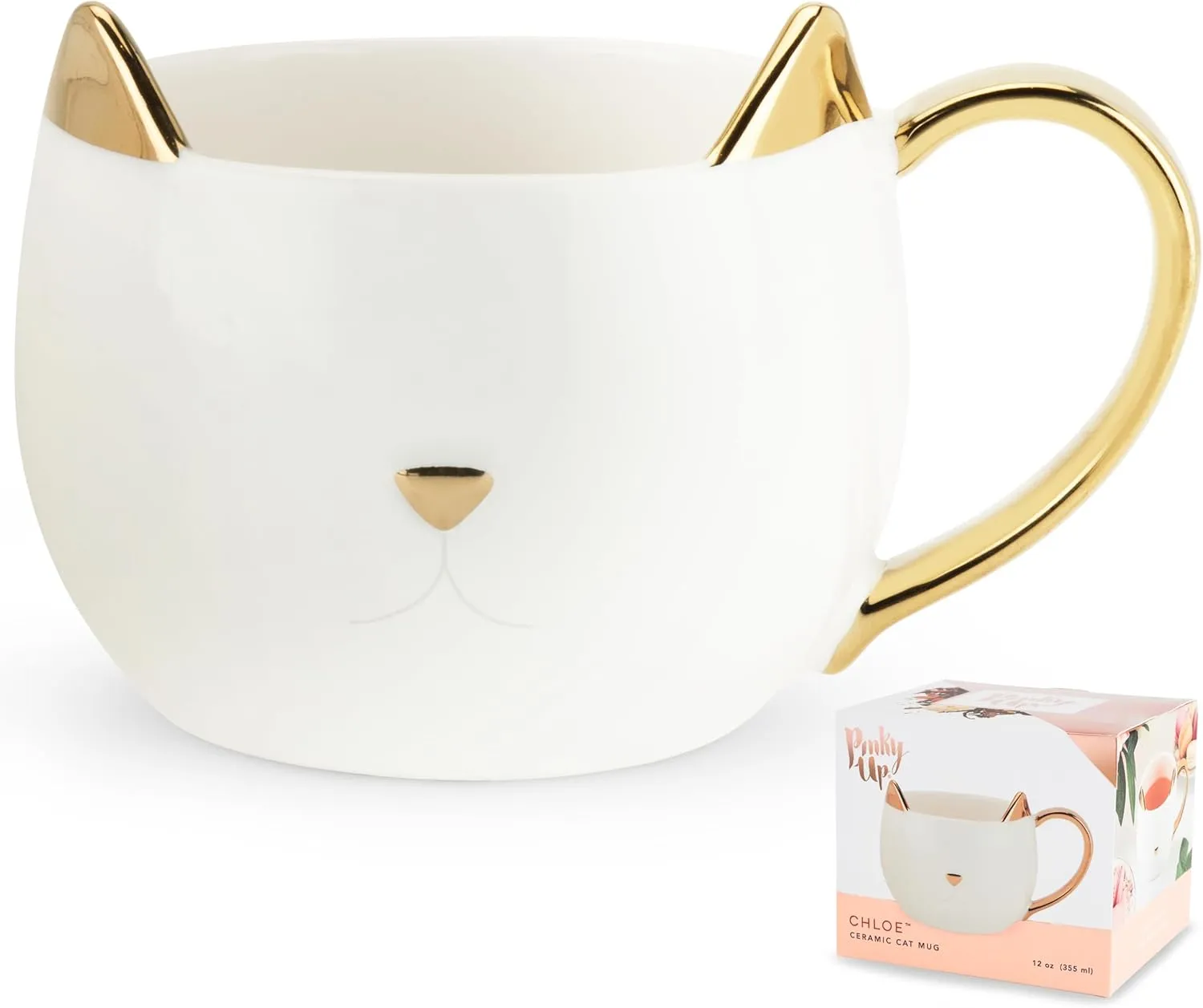 Pinky Up Chloe Cat Ceramic Coffee Mug, Tea Cups, Travel Mugs for Cappuccino, Latte, Hot Chocolate, Milk, Herbal Teas, 12 oz, Set of 1, White
