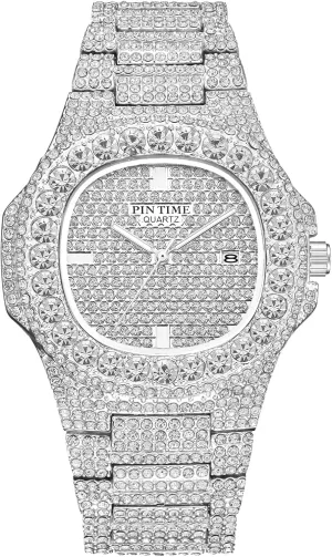 PINTIME Mens Diamond Watches Luxury Unisex Silver Gold Iced-Out Bling CZ Crystal Fashion Quartz Womens Watch