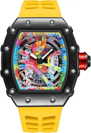 PINTIME Mens Luxury Tonneau Fashion Hallow Punk Graffiti Art Dial Hip-hop Unique Sports Wrist Watch Japanese Movement Luminous Design with Silicone Band