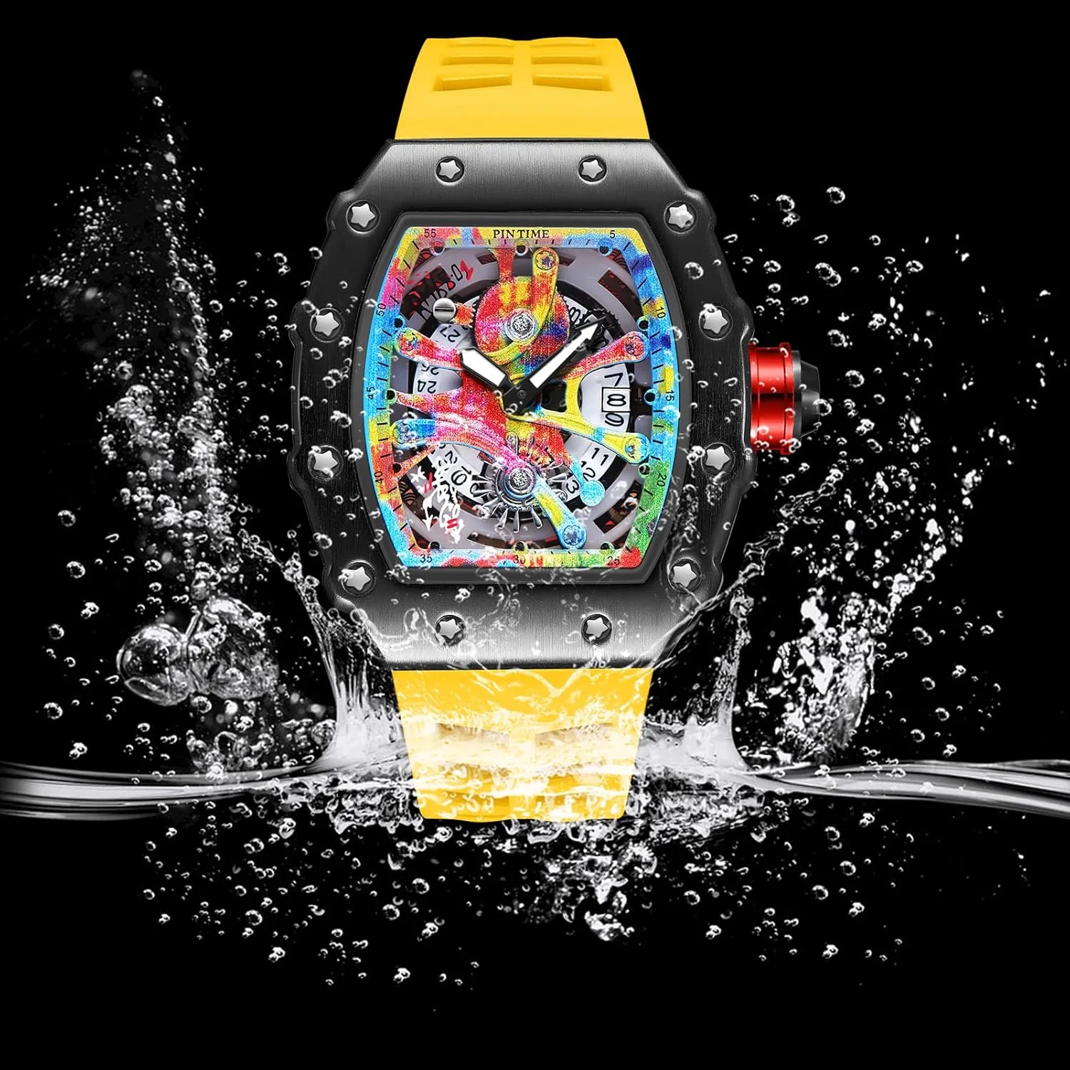 PINTIME Mens Luxury Tonneau Fashion Hallow Punk Graffiti Art Dial Hip-hop Unique Sports Wrist Watch Japanese Movement Luminous Design with Silicone Band