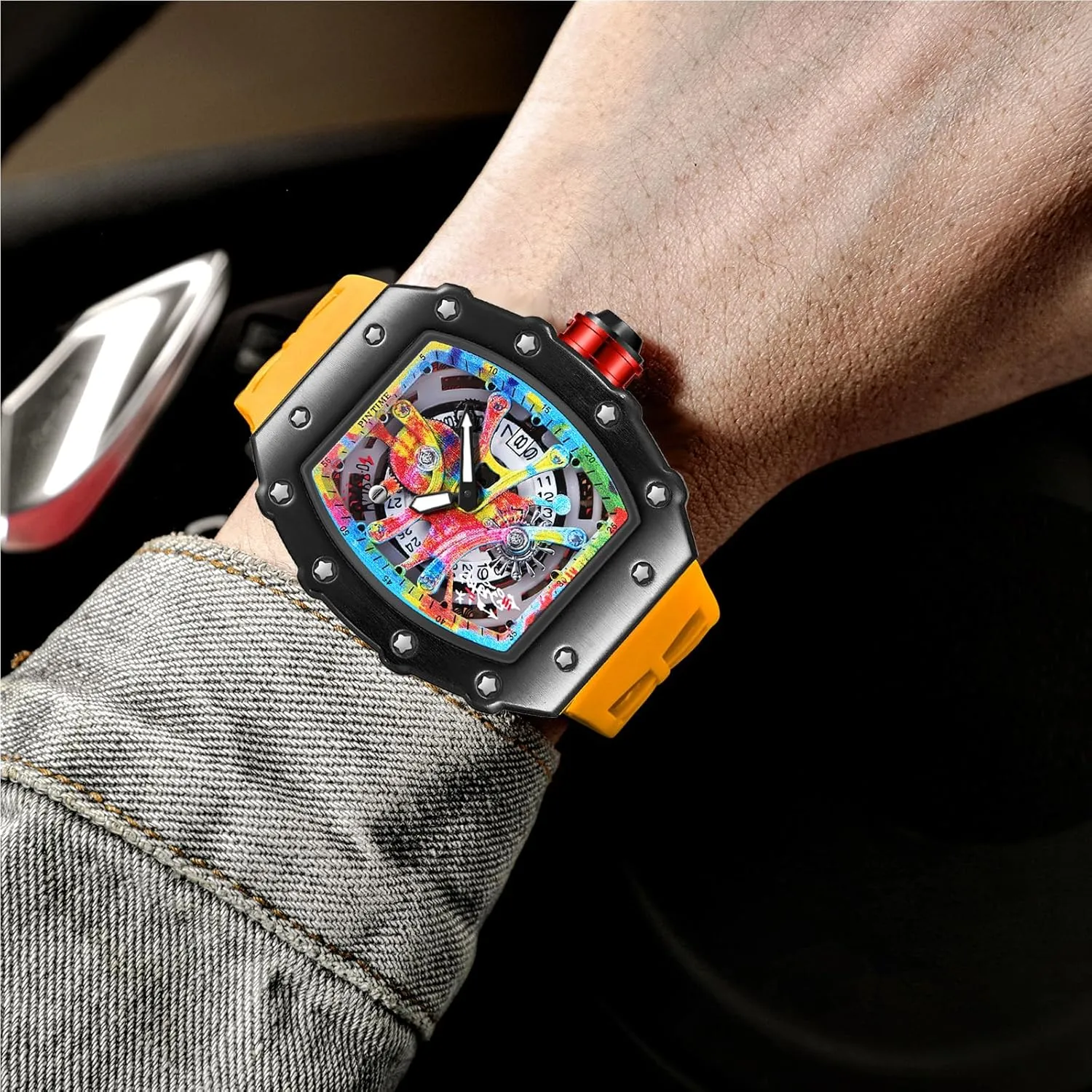PINTIME Mens Luxury Tonneau Fashion Hallow Punk Graffiti Art Dial Hip-hop Unique Sports Wrist Watch Japanese Movement Luminous Design with Silicone Band