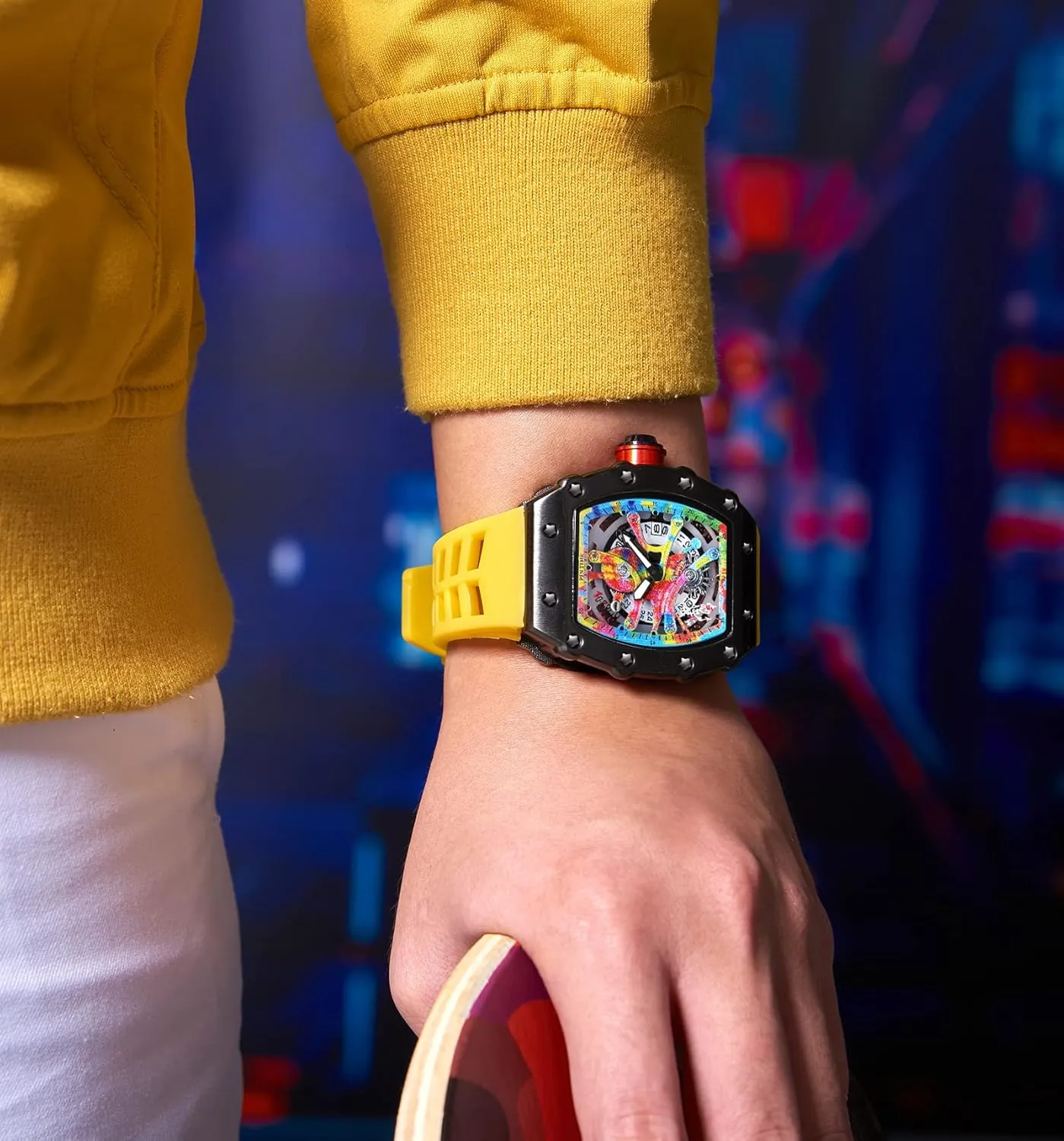 PINTIME Mens Luxury Tonneau Fashion Hallow Punk Graffiti Art Dial Hip-hop Unique Sports Wrist Watch Japanese Movement Luminous Design with Silicone Band