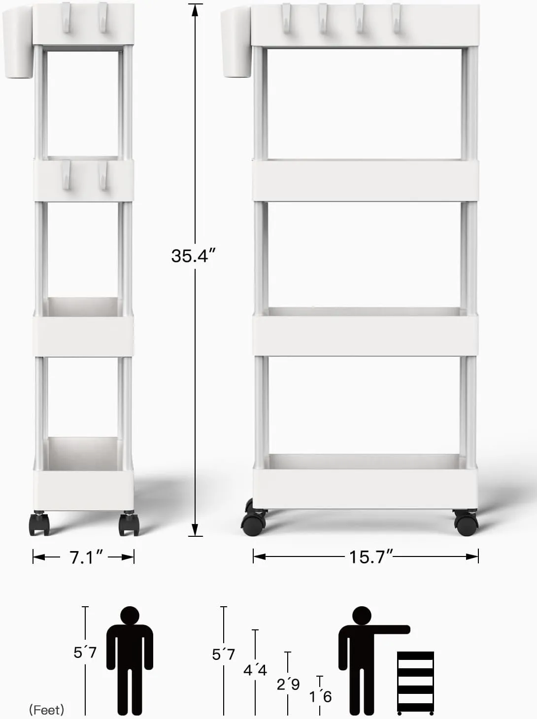 Pipishell Slim Storage Cart with Wheels, 4 Tier Bathroom Storage Organizer Rolling Utility Cart for Bathroom Kitchen Laundry Room Office Narrow Place (White)