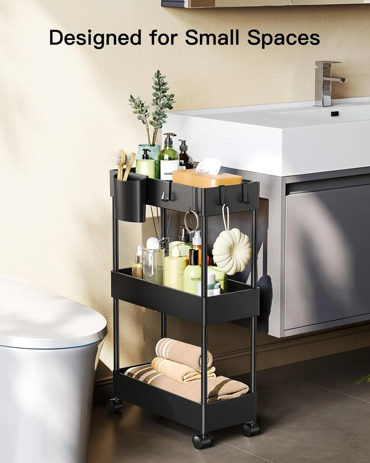 Pipishell Slim Storage Cart with Wheels, Bathroom Cart Organizer Bathroom Storage Small, Rolling Cart for Bathroom, Laundry Room, Kitchen, Narrow Space, Black PIUC04