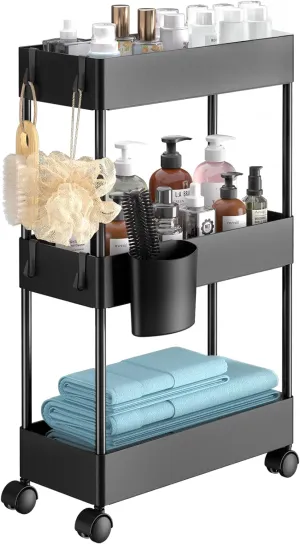 Pipishell Slim Storage Cart with Wheels, Bathroom Cart Organizer Bathroom Storage Small, Rolling Cart for Bathroom, Laundry Room, Kitchen, Narrow Space, Black PIUC04