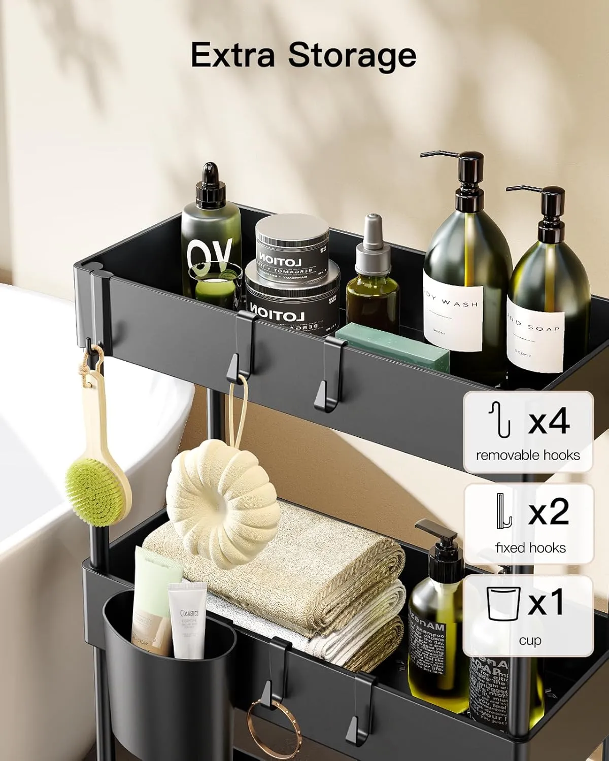Pipishell Slim Storage Cart with Wheels, Bathroom Cart Organizer Bathroom Storage Small, Rolling Cart for Bathroom, Laundry Room, Kitchen, Narrow Space, Black PIUC04