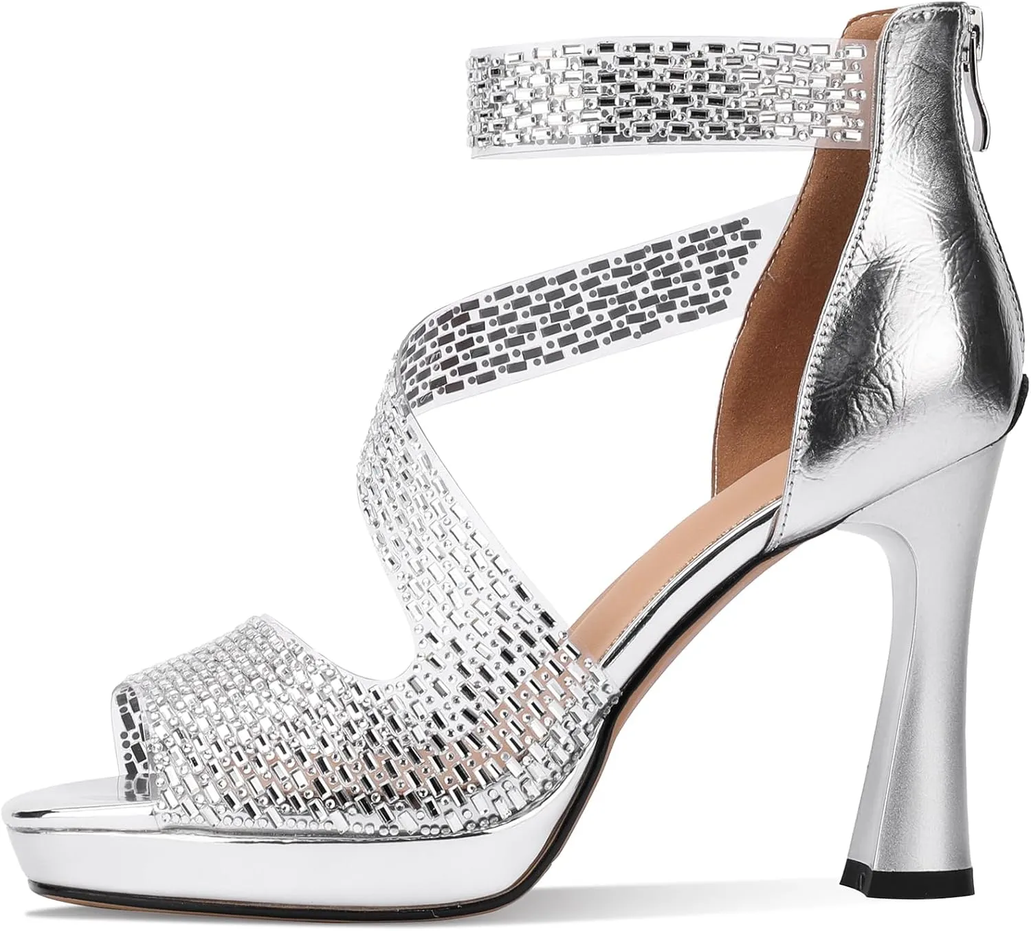 Platform Heels for Women Glitter Crystal Rhinestone Peep Toe Chunky Pumps Comfortable Shoes Sexy Strappy Sparkly Ladies Formal Dressy Wedding Elegantes Wide 5 Inch High Heels