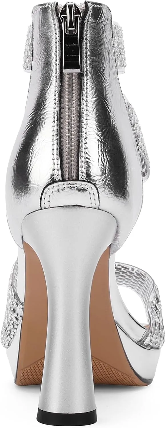 Platform Heels for Women Glitter Crystal Rhinestone Peep Toe Chunky Pumps Comfortable Shoes Sexy Strappy Sparkly Ladies Formal Dressy Wedding Elegantes Wide 5 Inch High Heels