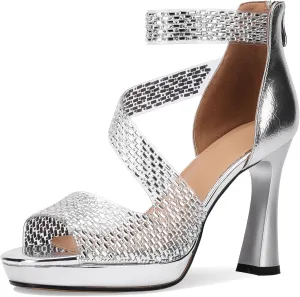 Platform Heels for Women Glitter Crystal Rhinestone Peep Toe Chunky Pumps Comfortable Shoes Sexy Strappy Sparkly Ladies Formal Dressy Wedding Elegantes Wide 5 Inch High Heels