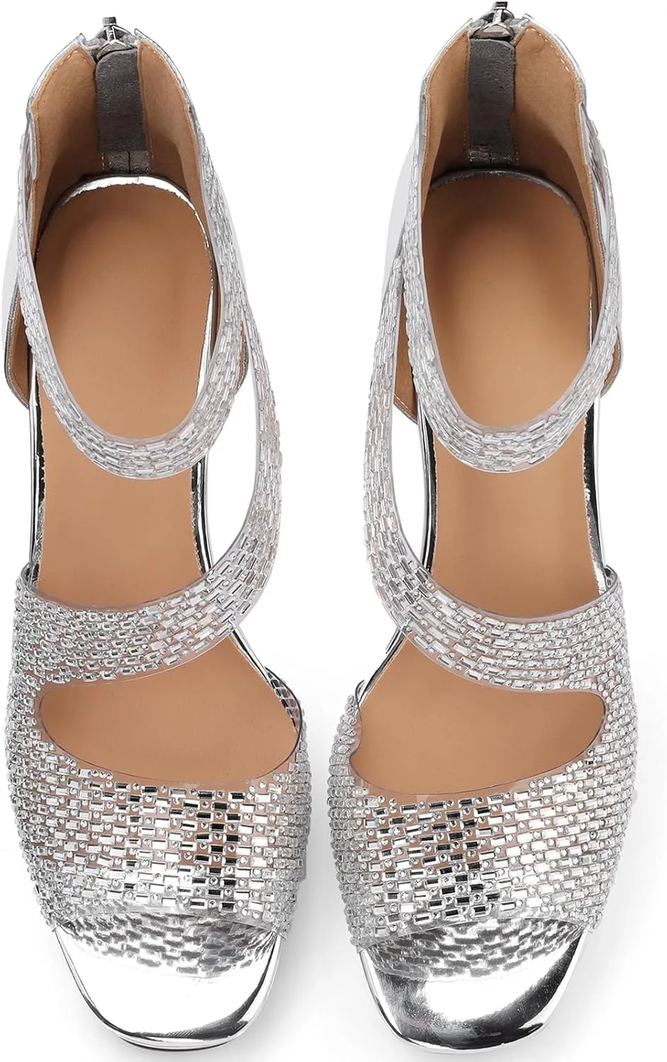 Platform Heels for Women Glitter Crystal Rhinestone Peep Toe Chunky Pumps Comfortable Shoes Sexy Strappy Sparkly Ladies Formal Dressy Wedding Elegantes Wide 5 Inch High Heels