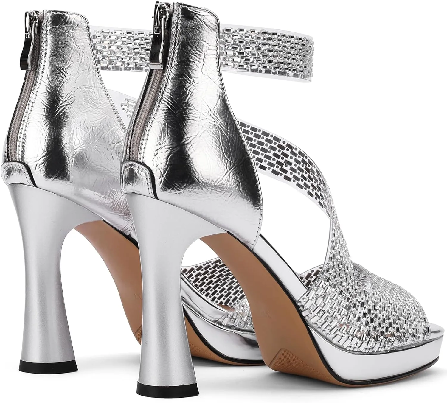 Platform Heels for Women Glitter Crystal Rhinestone Peep Toe Chunky Pumps Comfortable Shoes Sexy Strappy Sparkly Ladies Formal Dressy Wedding Elegantes Wide 5 Inch High Heels