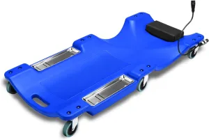 PM PERFORMOTOR 40 Inch Low Profile Plastic Rolling Garage Shop Floor Creeper with LED Light, Padded Headrest, Dual Tool Trays, Casters, Blue,PM-TOL-CRP40-BL