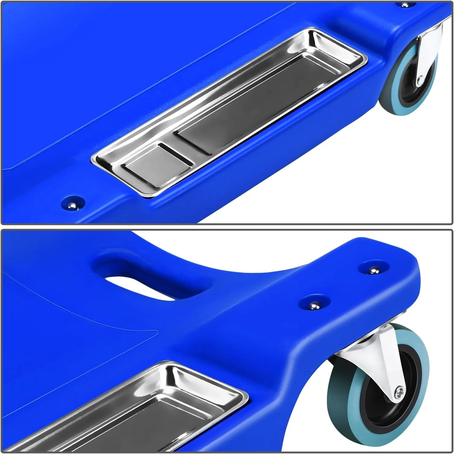 PM PERFORMOTOR 40 Inch Low Profile Plastic Rolling Garage Shop Floor Creeper with LED Light, Padded Headrest, Dual Tool Trays, Casters, Blue,PM-TOL-CRP40-BL
