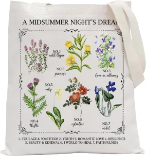 POFULL Bookish Bookworm Gift Poet Literature Gift Midsummer Night's Dream Flower Chart Herbology Floral Tote Bag