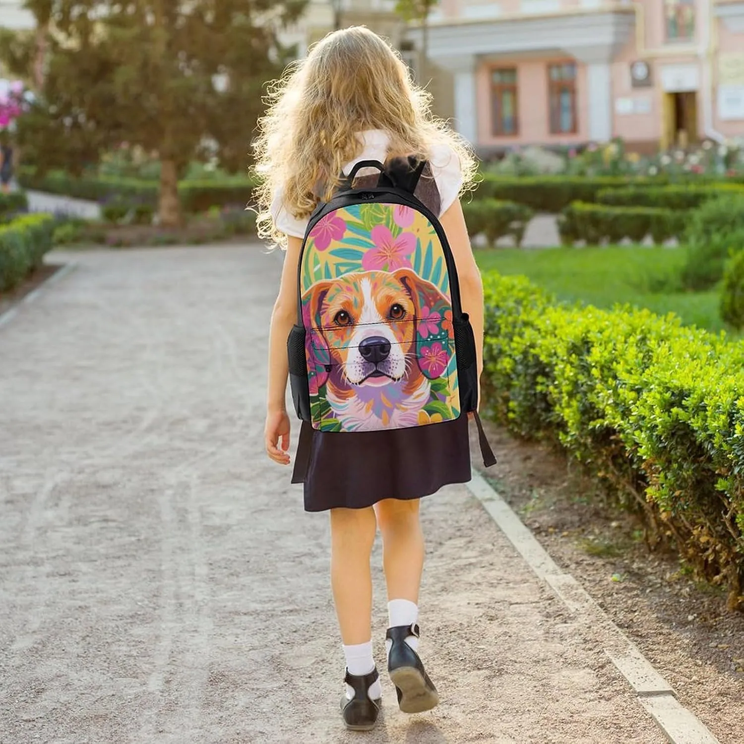 Polyester Daypack Bookbag for Gym Business Bicycle - Large Capacity Multipurpose Anti-Theft Carry On Bag, Hawaiian Flowers Floral Dog Art Travel Hiking Daypack