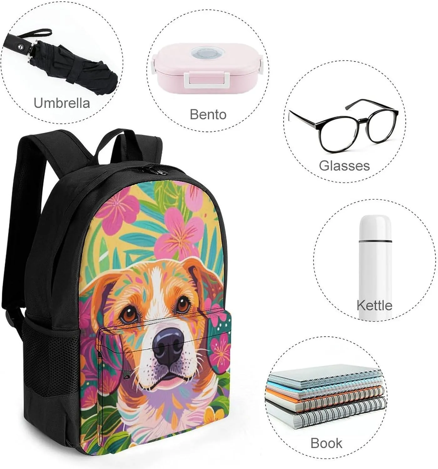 Polyester Daypack Bookbag for Gym Business Bicycle - Large Capacity Multipurpose Anti-Theft Carry On Bag, Hawaiian Flowers Floral Dog Art Travel Hiking Daypack