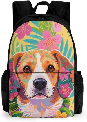 Polyester Daypack Bookbag for Gym Business Bicycle - Large Capacity Multipurpose Anti-Theft Carry On Bag, Hawaiian Flowers Floral Dog Art Travel Hiking Daypack